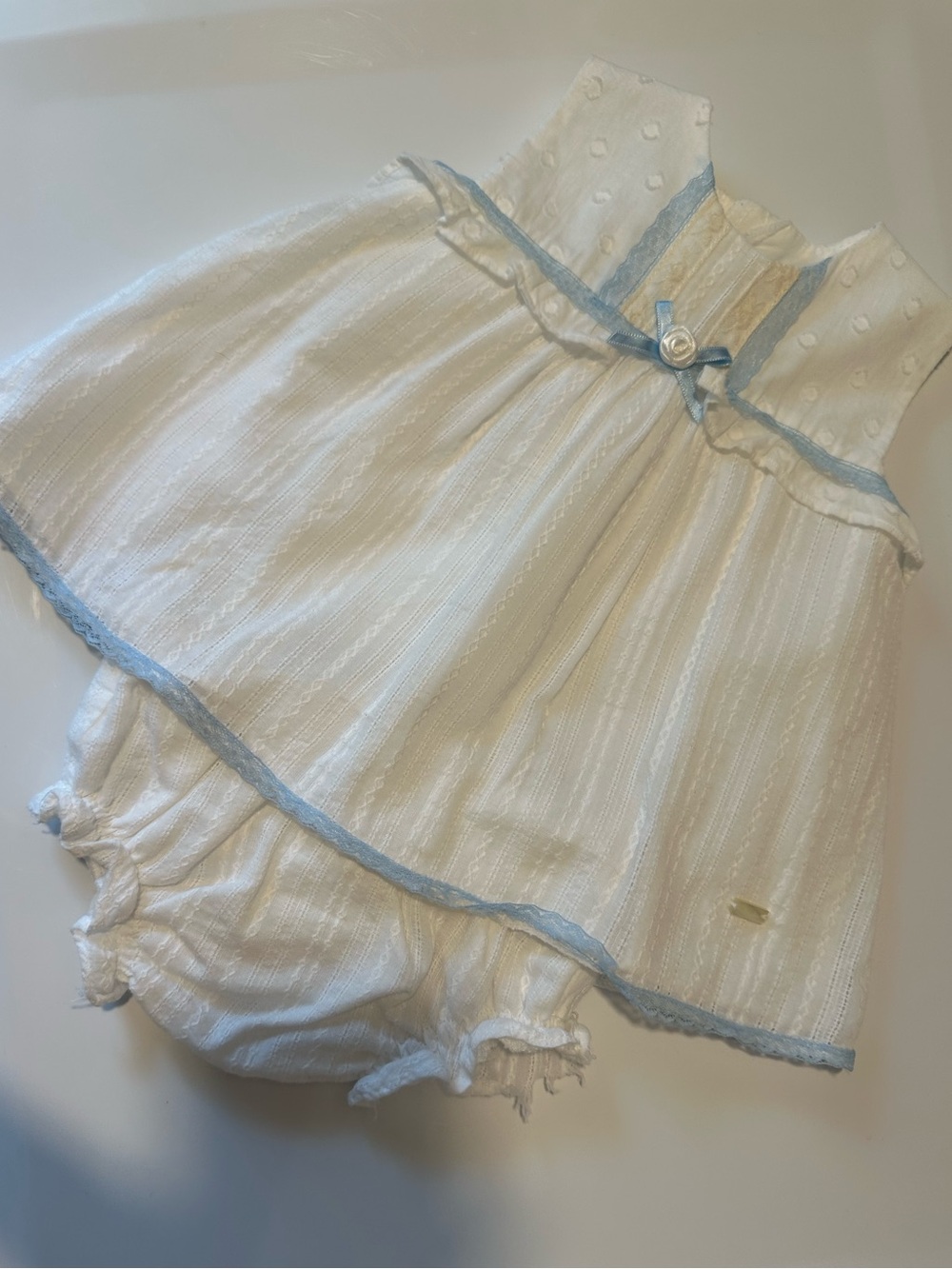 Yoedu Baby Girl White & Blue Dress Bloomers Set 6M Spanish Boutiqu